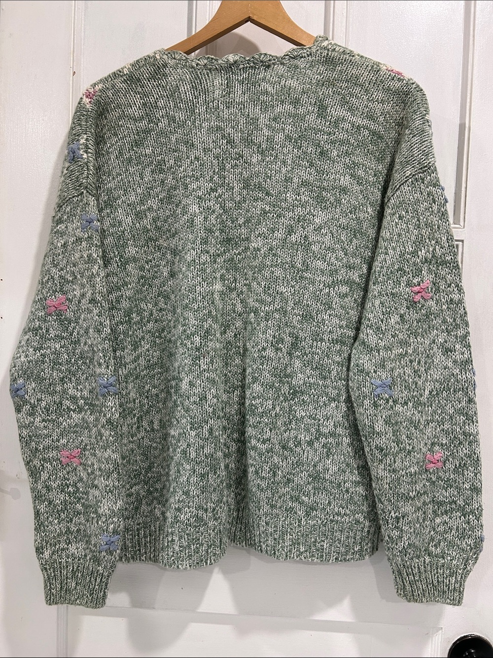 Vintage Ashley Hand Knitted Sage Green Floral Diamond Pattern Cardigan Sweater L - Picture 2 of 8